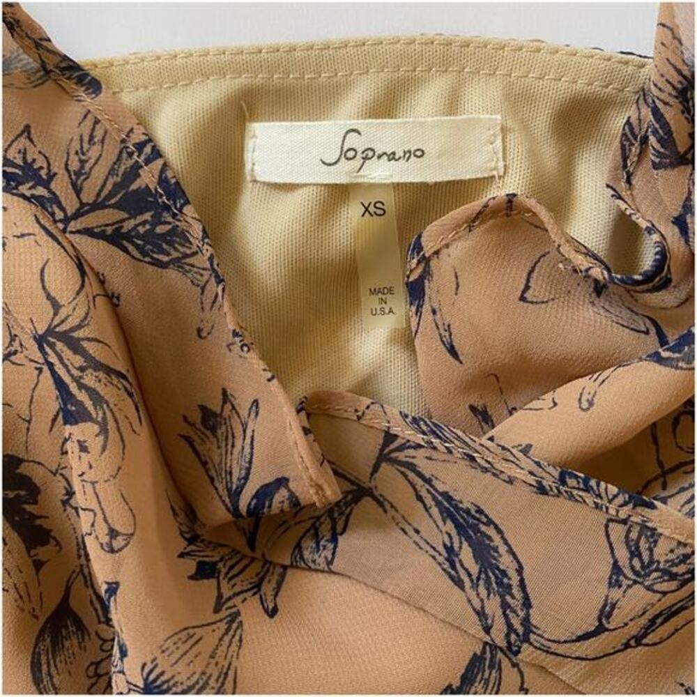 Nordstrom Soprano Brown Tan w/Navy Flowers Sheer Ruffled Flowy Dress XS NWT - Picture 8 of 10